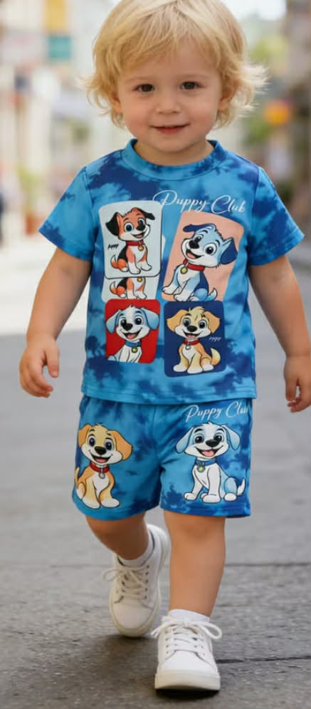 2 pcs Newborn Boy' Summer Outfit - Cute Puppy Dog Short-Sleeve Matching Shorts & Puppy T-Shirt