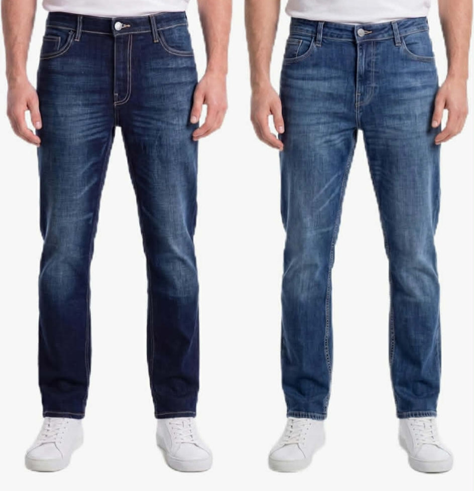 SMITH & JONES 2 Pack Mens Stretch Jeans Zip Fly, Classic Everyday Denim Trousers Stretchy Man Straight Leg Jean Black Blue Stonewash Dark Regular Waist Twin Multipack