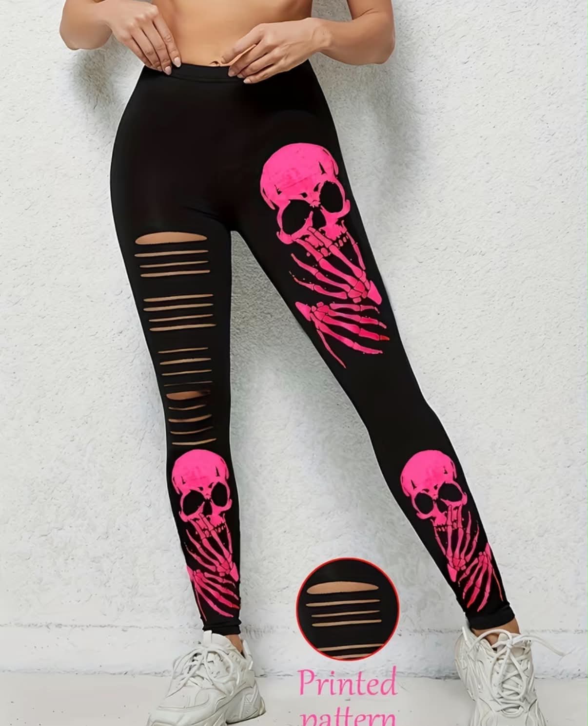 Women's Leggings - Stretchy Opaque Pink Skull Pattern,