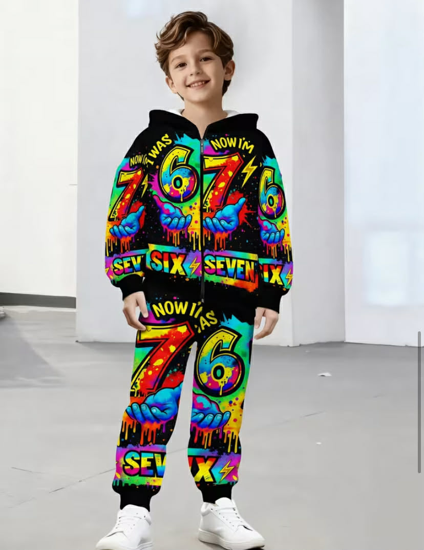 Boys' Black Dripping Number 67 'SIX SEVEN' Print Hooded Set, Spring Street Graffiti Style Zip-Up Jacket & Pants 2pcs Outfit, Perfect for Outdoor