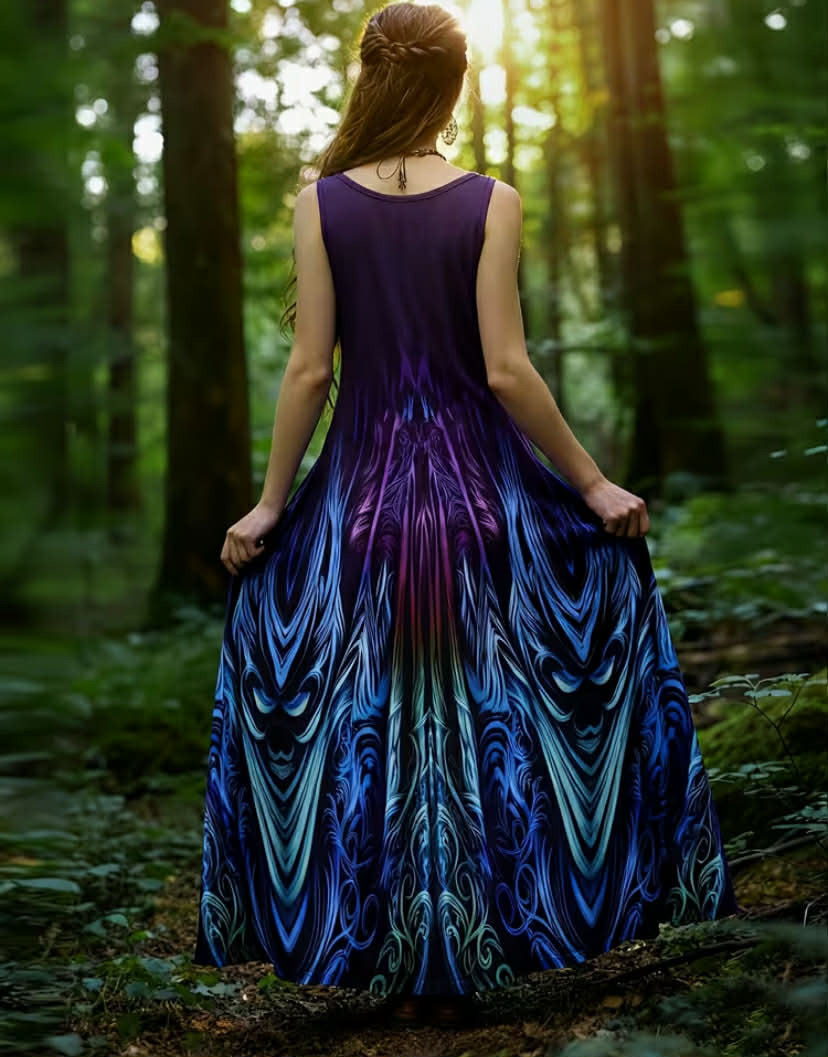 Plus-Size Women'S Viking Retro Style Forest-Themed V-Neck Sleeveless Loose-Fitting Totem Print Gradient Ethnic Long Dress, Perfect for Dates, Casual Spring And Summer Wear