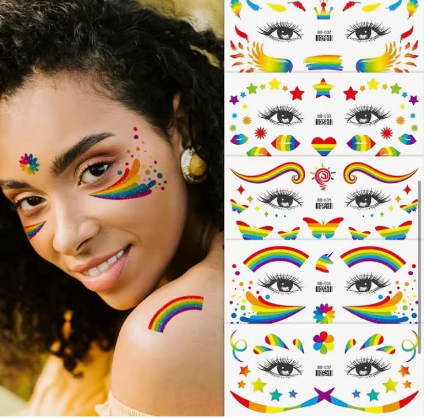 6 Sheets Glitter Rainbow Face Stickers - Waterproof, Sparkling Glittery Temporary Tattoos with Feathers, Butterflies, Hearts & More - Perfect for LGBT Pride Day Makeup, Festive Makeup, Heart Design, Durable Stickers