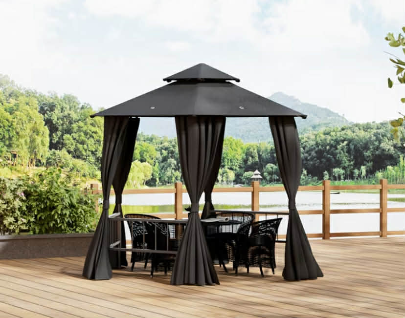 1.6 * 1.6 * 1.6m Dark Grey Hexagonal Canopy with Fence, Ground Stake, Outdoor Sunshade, Top Fabric Polyester Fabric, Metal Frame, Terrace, Terrace, Garden, Poolside, Temporarily Non Permanently Removable