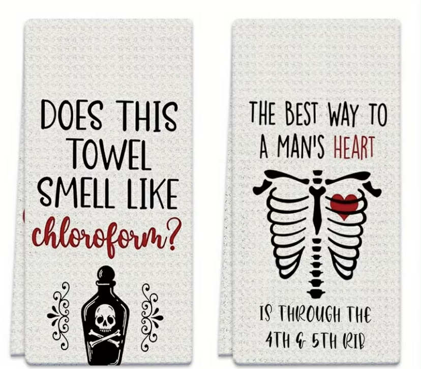 2 pcs Dish Towels 18x26 inches Skeleton, Heart Skull