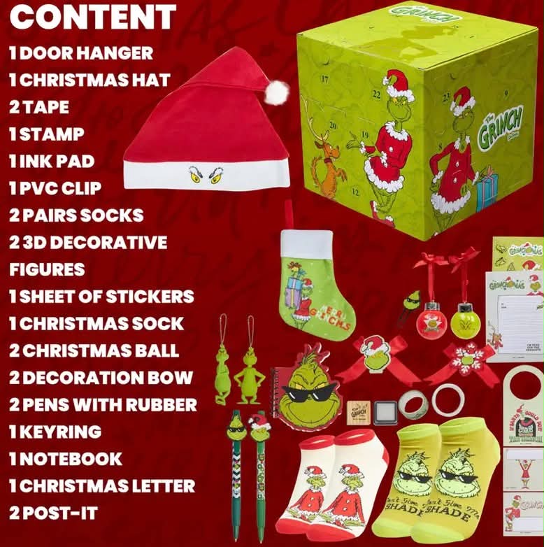 The Grinch Advent Calendar for Teens & Adults, 24 Surprises
Christmas Countdown, Festive Stationery, Socks, Pens, Stickers & Decoration, Xmas Stocking Filler Gifts