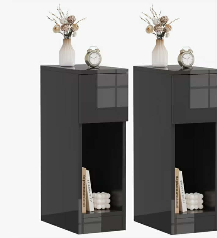 Modern Slim Tall Bedside Table Cabinet Set of 2, High Gloss Black with Drawer & Storage Space for Bedroom, Narrow Sofa Side Table End Table for Living Room, Nightstand Black