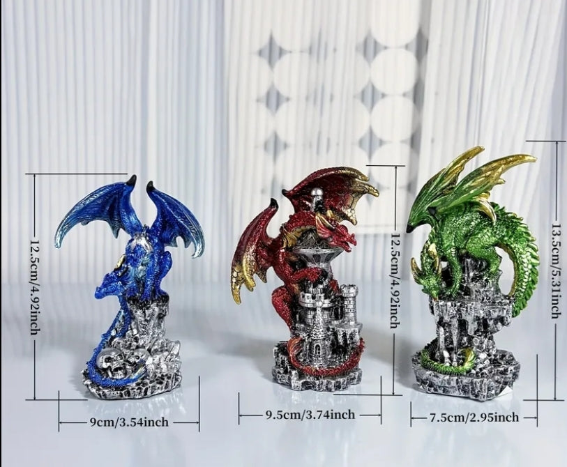 Medium-Sized Intricately Carved And Hand-Painted Guardian Dragon Encircling a Castle Skull Stone Resin Figurine.