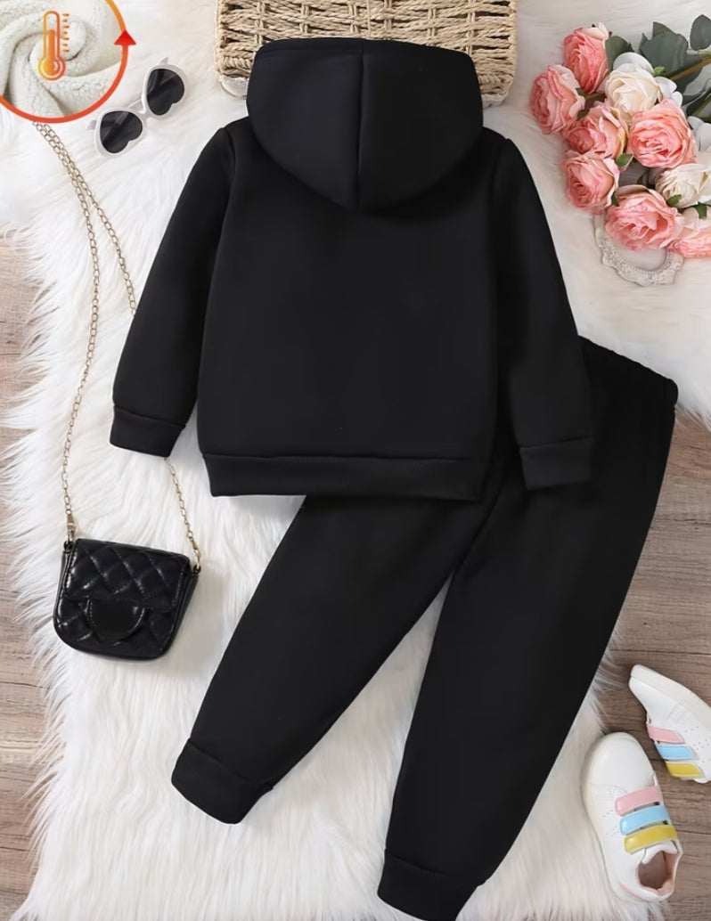 Set of 2pcs for Young Featuring a Stylish And Cute Casual Design, Including a Hoodie with Bow And Letter Print, And Fleece-Lined Jogger Pants,