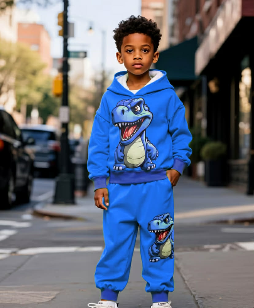 2 pcs Boys' Dinosaur Print Hoodie and Jogger Set.