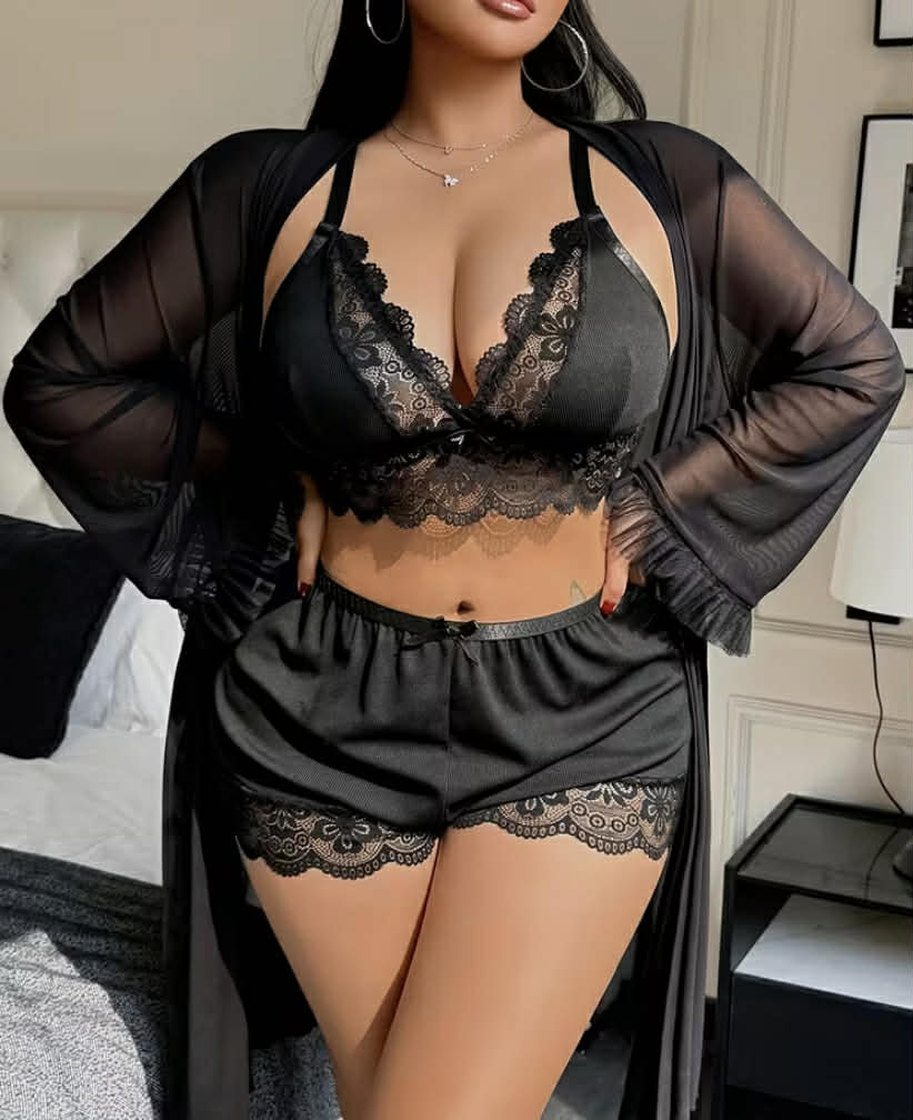 Sexy Lace Camisole Nightgown with Lace Trim, Floral Lace Long-Sleeve Mesh 3pcs Set with Suspender Shorts