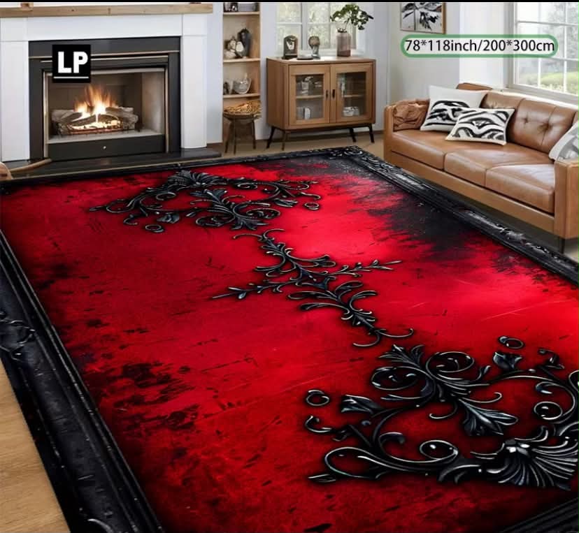 850g/㎡ Velvet, Retro Style Red Base Black Pattern, Soft and Durable, 7mm Thickness, Non-Slip Dot Plastic Bottom, Double-Lock Edge, Machine Washable, Easy to Maintain,