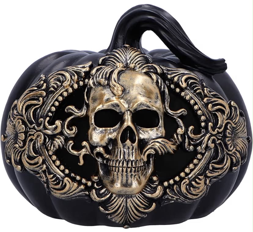 Baroque Harvest Pumpkin Skull 16.7cm, Resin, Black Pumpkin and Gold Skull