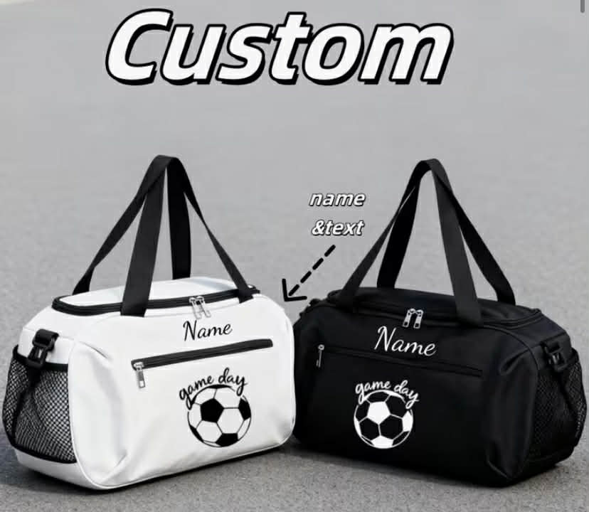 A Customizable Crossbody Or Tote Featuring Names, Numbers, And Various Texts. Offered in Black And White.