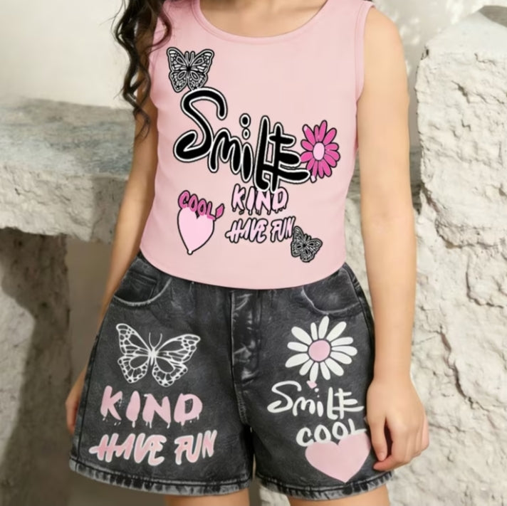 Faux Denim Shorts 2 pcs Set Print Design-Not Textured 2D Printing, Featuring Girls' Favorite White Butterfly And Heart Pattern Girls'