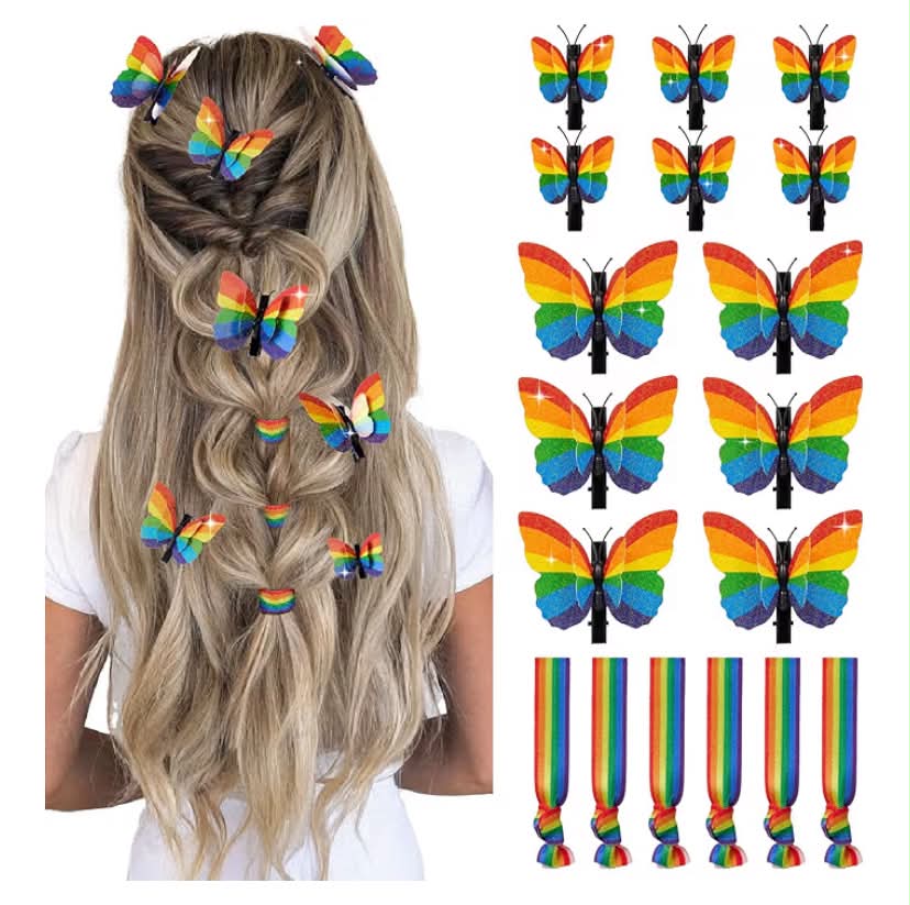12PCS Rainbow Glitter Butterfly Hair Clips & 6 Hair Tie Bracelets for Pride Parade – 6 Large & 6 Small, LGBTQ Rainbow Accessories for Pride Celebration