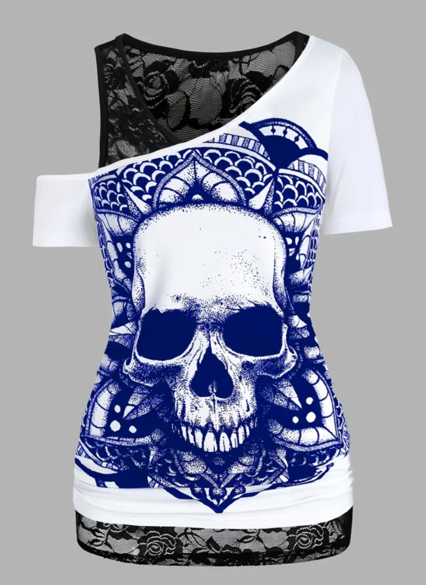 Plus-Size Casual Gothic Style Short-Sleeve T-Shirt with Skull Mandala Digital Print, Paired with a Lace Round-Neck Vest Set