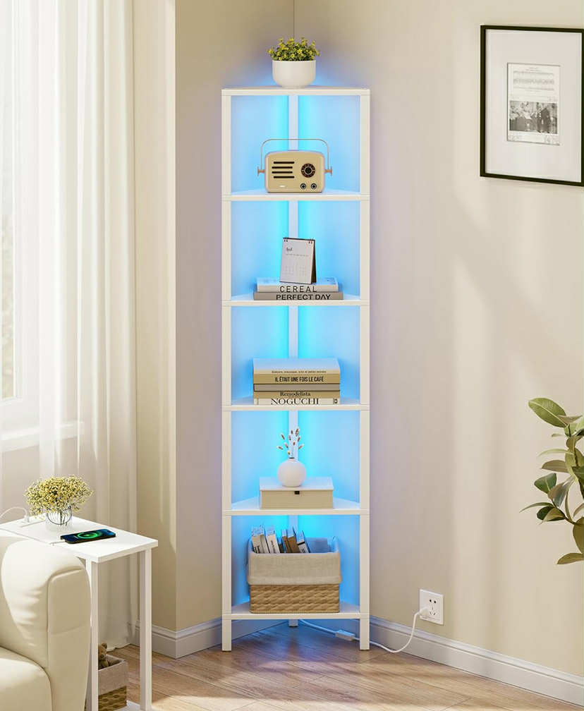Corner Bookshelf with LED Light, 6-Tier Corner Shelf for Small Space, Narrow Display Corner Shelf Stand with Storage Rack, for Living Room, bedroom, Pure White