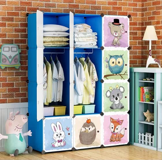 BRIAN & DANY Cartoon Clothes Closet Wardrobe DIY Modular Storage Organizer, Sturdy and Safe for Children, 8 Cubes & 2 Hanging Sections, 110 x 47 x 147 cm