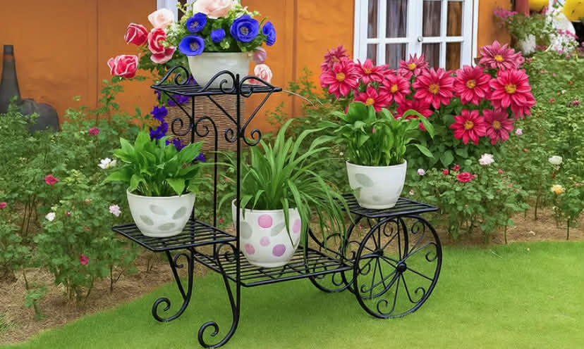 3 Tier Metal Plant Stand Indoor Outdoor, Decorative Flower Pot Display Rack Floor Standing Iron Planter Shelf for Garden, Balcony, Patio, Home Décor, Holds 4 Flower Pots