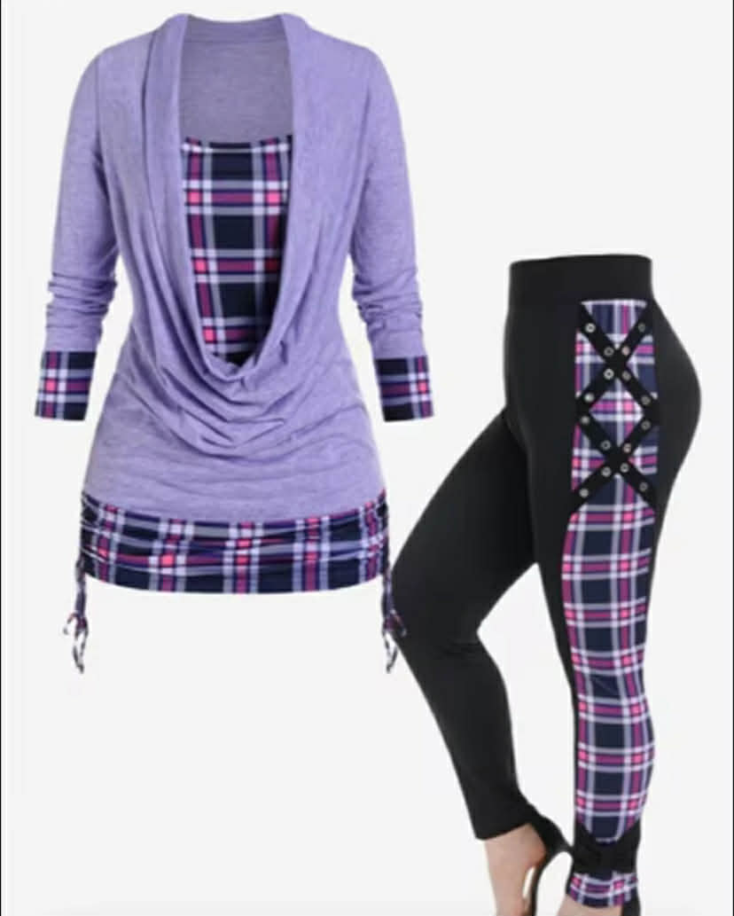 Clothes Purple Patchwork Grid Pleated T-Shirt Slim Pants