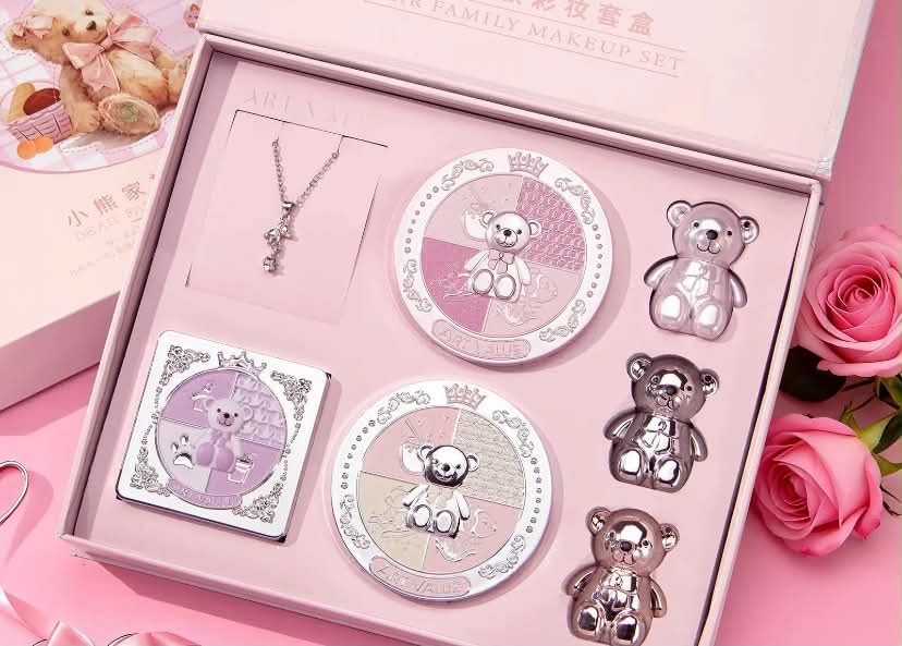 Art Value Makeup Set Kit (7-Piece), Includes Blush, Powder, Eyeshadow, Bear Lipstick and Necklace Beauty Gift Box