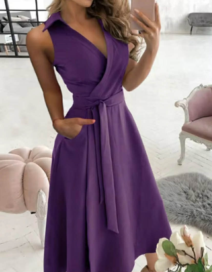 Lace Up V-neck Short Sleeved Solid Color Pocket Women's Dress