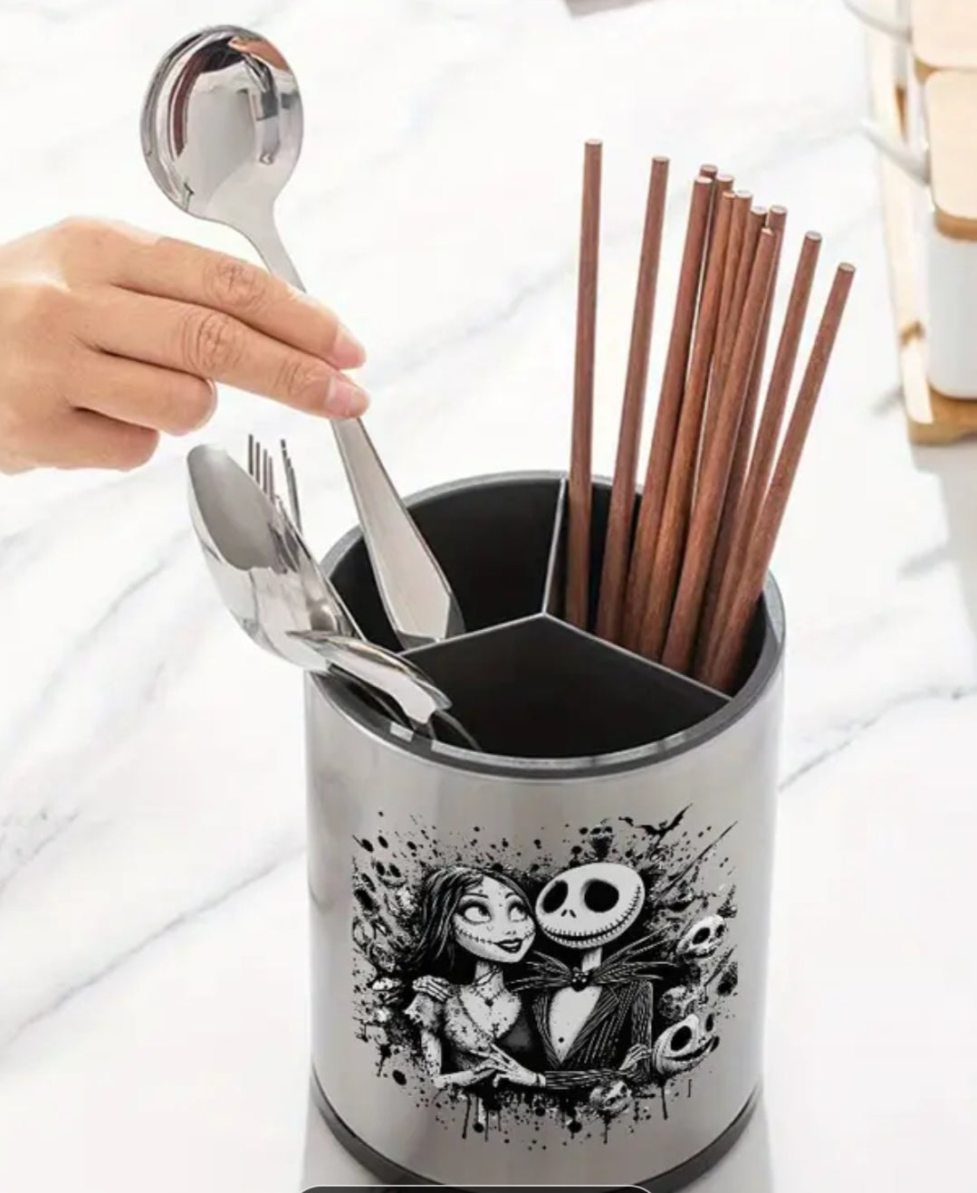 1 pc The Nightmare Before Christmas Jack & Sally Stainless Steel Rotating Utensil Organizer -
