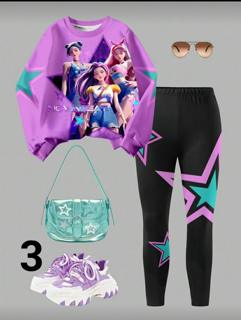 2 pcs/Set KPOP Graphic Print Top, Tween Girl Crew Neck Sweatshirt And Leggings Set, Fashionable Casual,