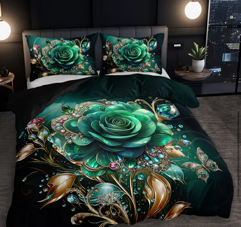 Emerald Green & Golden Floral Bedding Set - Luxury Vintage Floral