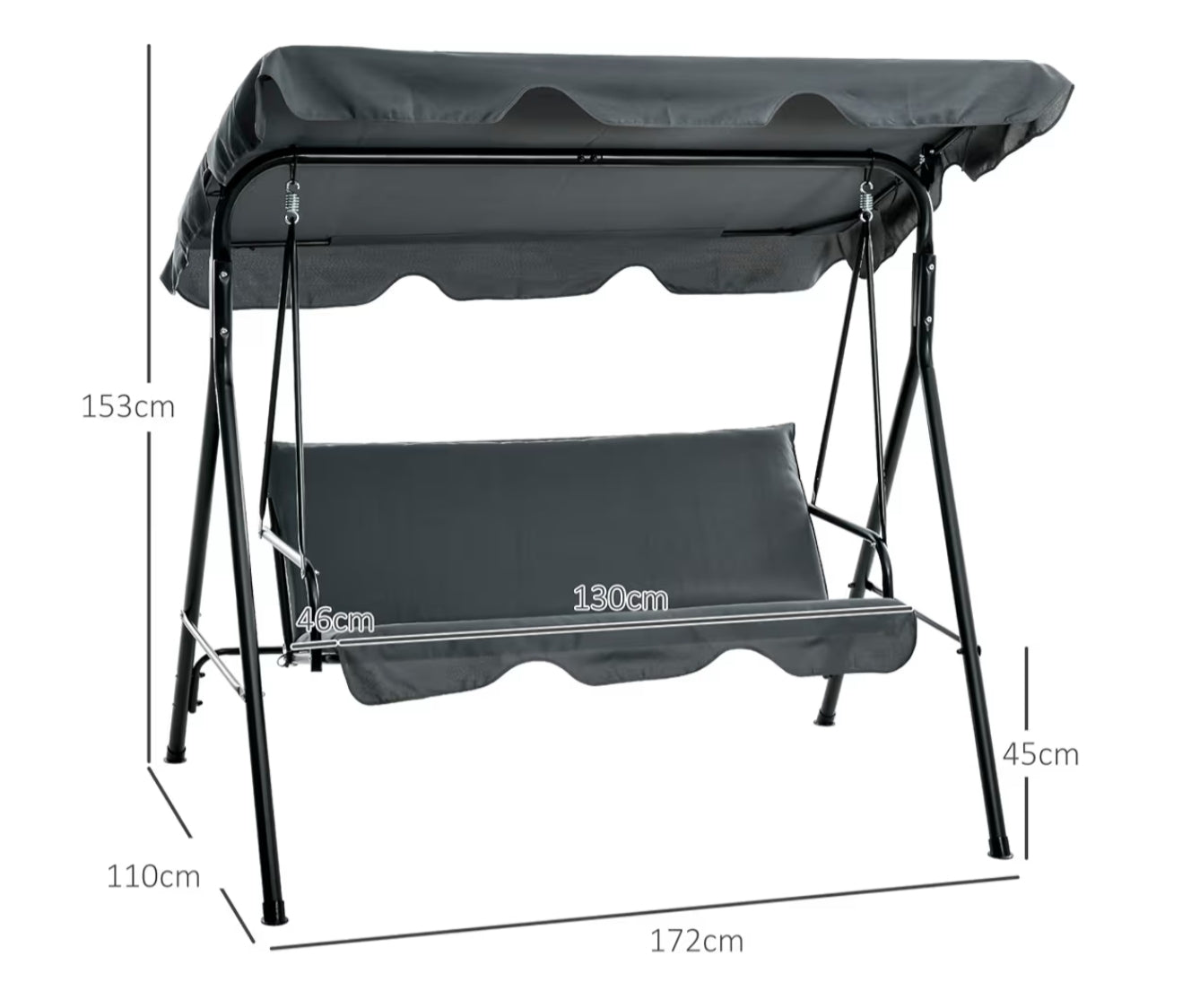 Outsunny 3 Seater Canopy Swing Chair Garden Rocking Bench Heavy Duty Patio Metal Seat w/Top Roof - Grey