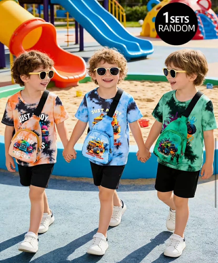 Boys Distribute 3 pcs, Boys' Casual Suit, Popular Print Short Sleeves And Shorts + a Small Bag, Comfortable Casual Clothing,