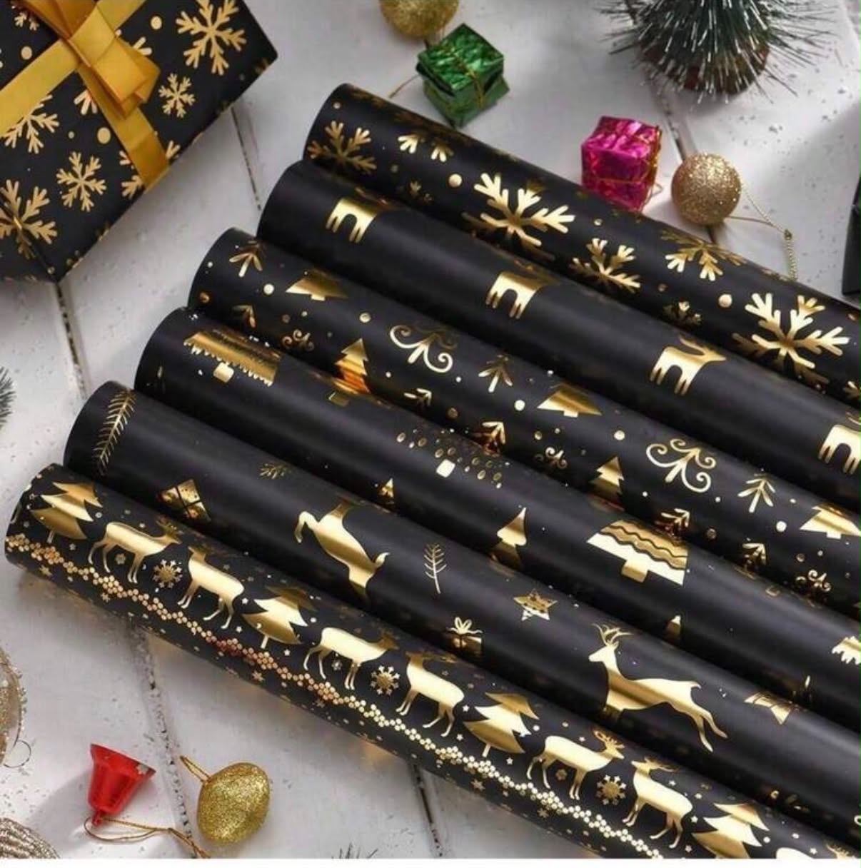 6pcs Roll, Christmas Foil Gift Wrapping Paper, Retro Black & Gold Deer, Snowflake, Christmas Tree Pattern,