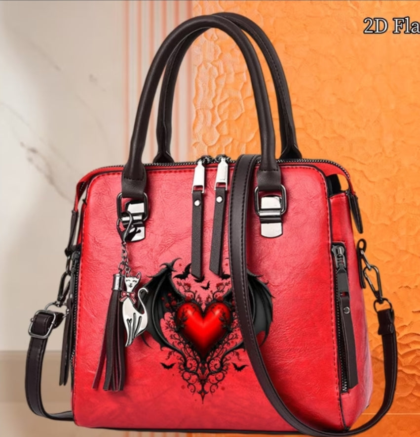 1 pc Women Handbag, Red Heart with Dark Bat Wings Pattern Women Shoulder Bag, Fashion Multi Functional Women Crossbody Bag