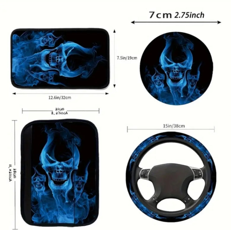 Blue Flame Skull Print 6 pcs Set (1 Steering Wheel Cover +1 Center Armrest +2 Seat Belt Shoulder Covers +2 Coasters)