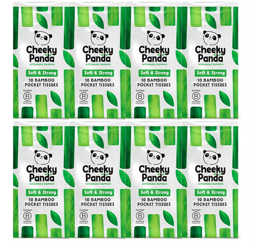 The Cheeky Panda Bamboo Pocket Tissues, 8 Pack of 10 Hypoallergenic Tissues, Ultra Soft, 3-Ply, White, Travel Size