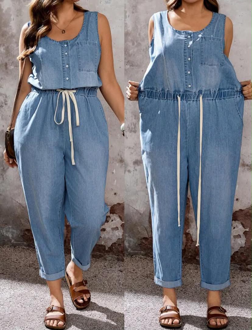 Plus Size Sleeveless Denim Jumpsuit, Button Front Drawstring Waist Rolled Cuff Ankle Length Overalls With Pockets