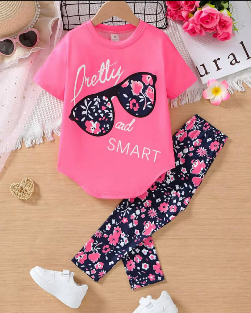 2 Pcs Girls Clothing Set Summer Cotton Short Sleeve Tops Pants