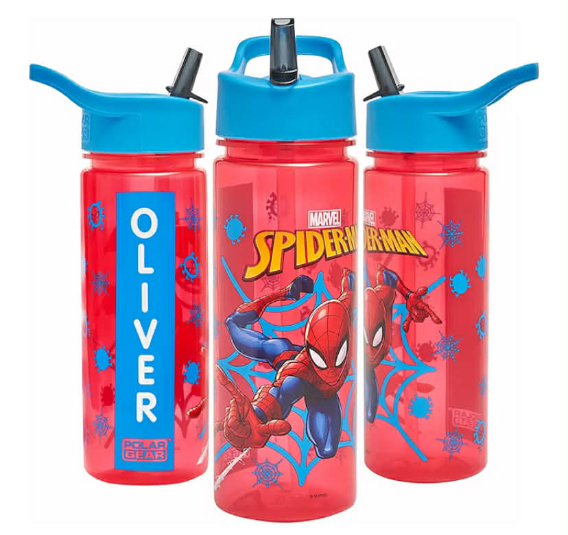 Marvel Spider-Man Personalised Sticker Water Bottle with Straw 500ml – Official Merchandise by Polar Gear Kids Reusable Non Spill BPA Free Tritan – Ideal For School Nursery Sports Picnic , Red & Blue