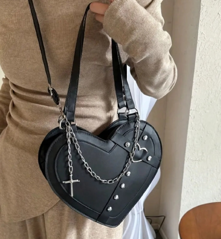 Women's Gothic Punk Rock Heart-Shaped Shoulder Bag - Rivet-Embellished Cross-Body Purse with Adjustable Strap & Zipper Closure