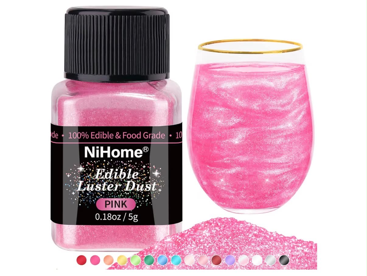 Edible Luster Dust Glitter Powder Metallic Fancy Food Decorating Sprinkle Glimmery Brew Dust for Drink Wine Beverage Cake Dessert Home Bakery Restaurant Vegan Allergen-Free (Pink, 5g/0.18oz)