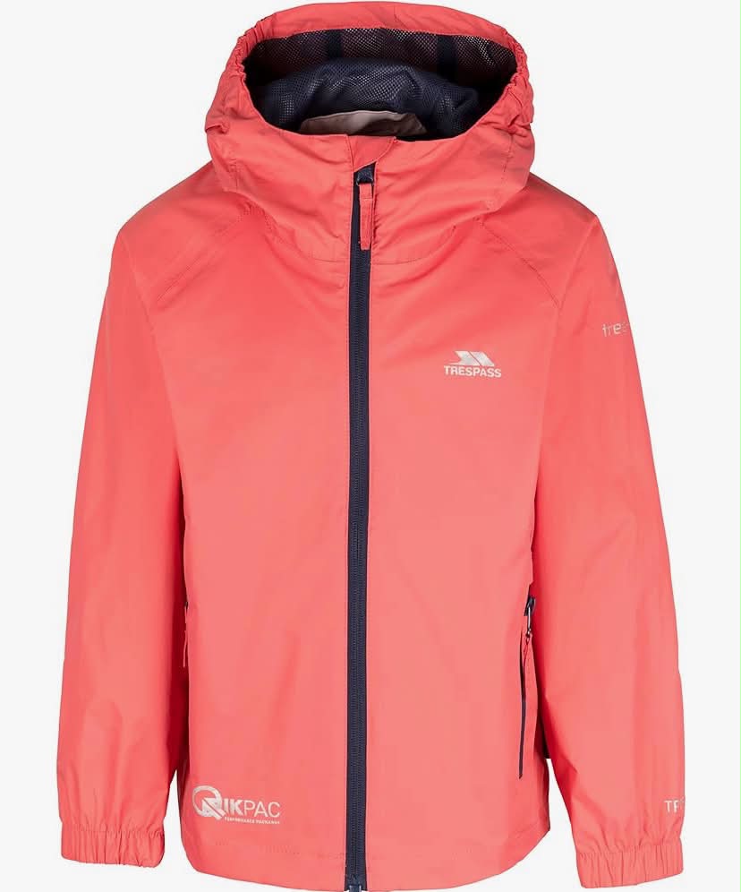 Trespass Kids Jacket Qikpac - Waterproof, Breathable, School Raincoat, 2 Zip Pockets, Full Zip,