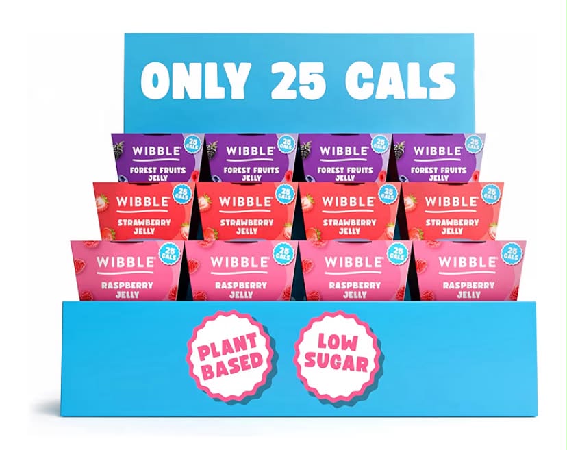 Wibble Jelly Pots, Mixed,12 Pack, Plant Based, 25 Cals, Low Calorie, Low Sugar, Vegan, Vegetarian, Jello, Strawberry, Raspberry, Forest Fruits