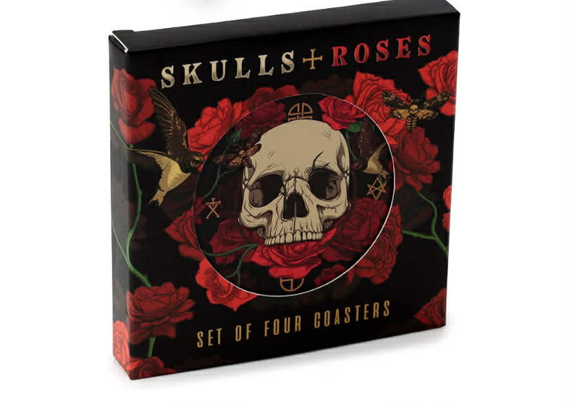 Puckator Skulls and Roses Set of 4 Cork Coasters - Table Pub Drink Coasters