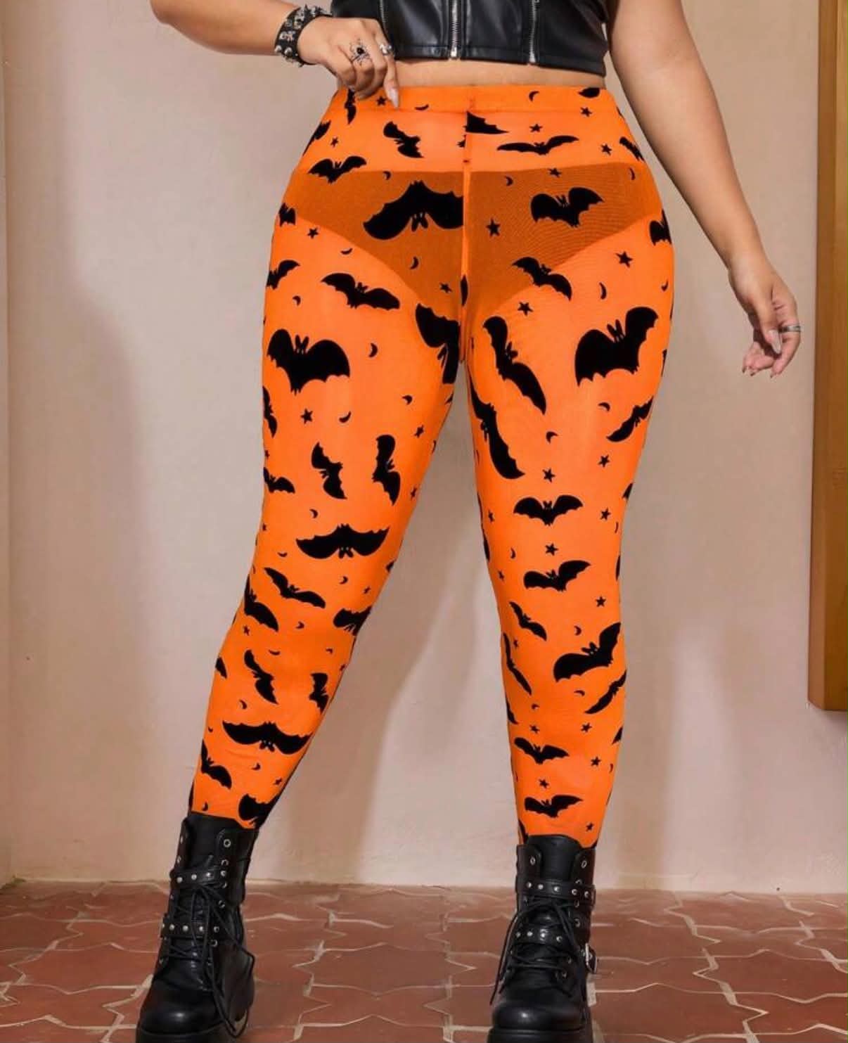 Plus Size Bat & Sheer Mesh Leggings, Halloween, Autumn