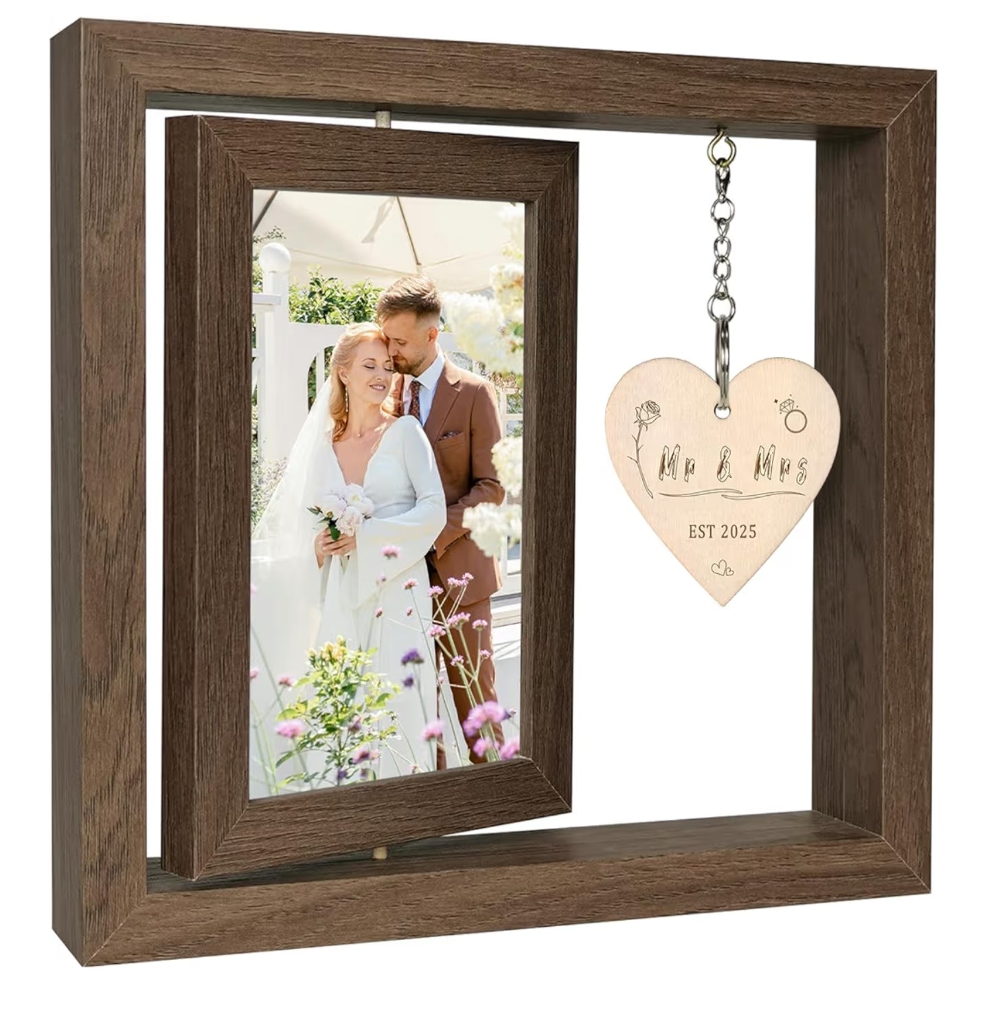 Rotating Floating Mr and Mrs EST 2025 Photo Frame Wedding Gifts for Bride and Groom - Display Two 4x6 Inch