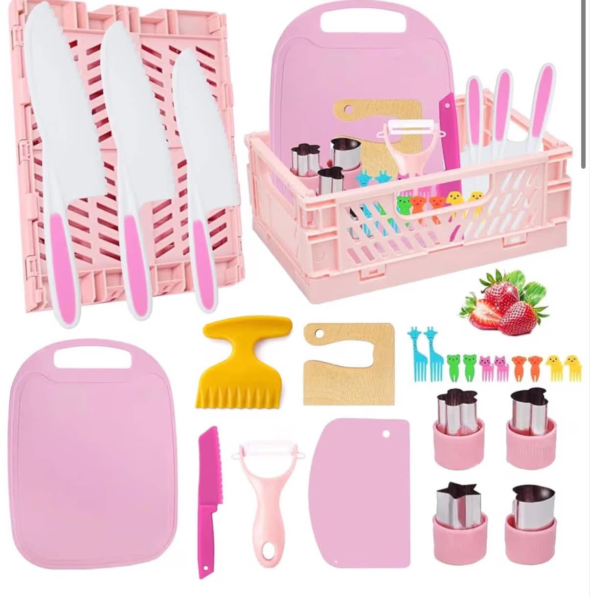 Kids kitchen knife Set for Chopping 24PCS Mini Chef Kids Cooking Knife Set with Toddler Knife,Foldable Storage Box,Crinkle Cutter,Cookie Cutters and more for