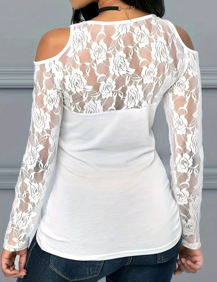 Plus Size - White Mid-Length Slim-Fit Casual Color Block Pattern T-Shirt