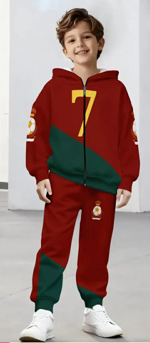 2 pcs Boy Zipper Hooded Sweater and Sweater Suit, Fashion Printed Hooded Sweater