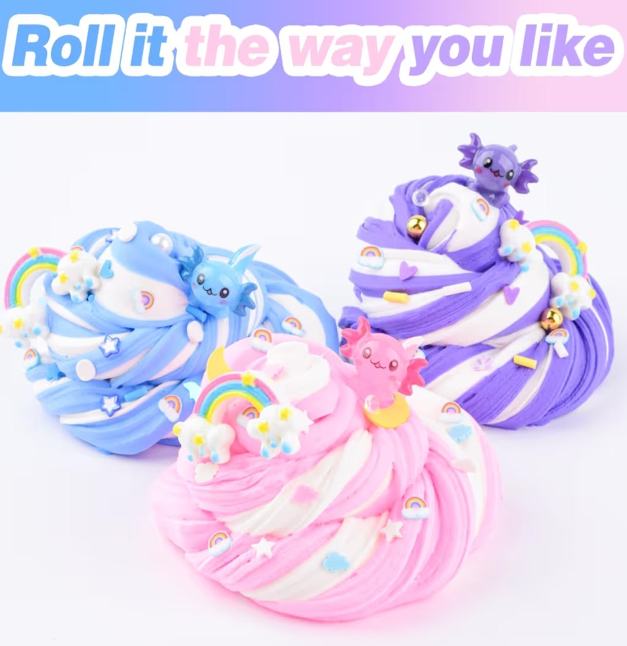3 Pack Axolotl Slime Kit, Pink, Blue, Purple, Dual Colors Butter Slime