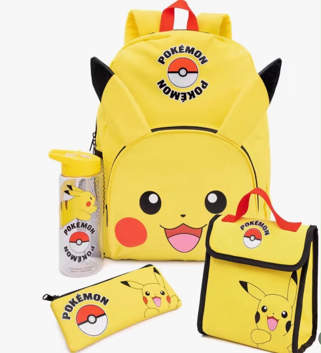 Pokemon Backpack For Kids Pikachu Merchandise Girls Boys Pokeball 3D Ears School Rucksack, Pencil Case, Water Bottle